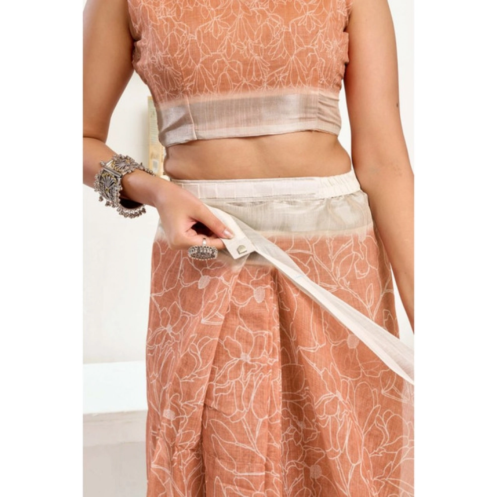generic women's linen cotton printed ready to wear saree with unstitched blouse 5.5 mtr (peach) generic women's linen cotton printed ready to wear saree with unstitched blouse 5.5 mtr (peach)