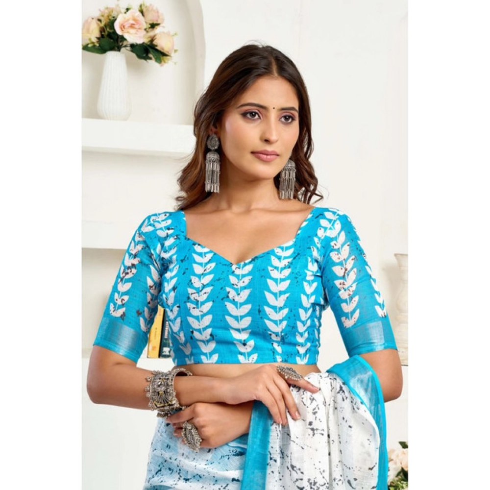 generic women's linen cotton printed ready to wear saree with unstitched blouse 5.5 mtr (sky blue) generic women's linen cotton printed ready to wear saree with unstitched blouse 5.5 mtr (sky blue)
