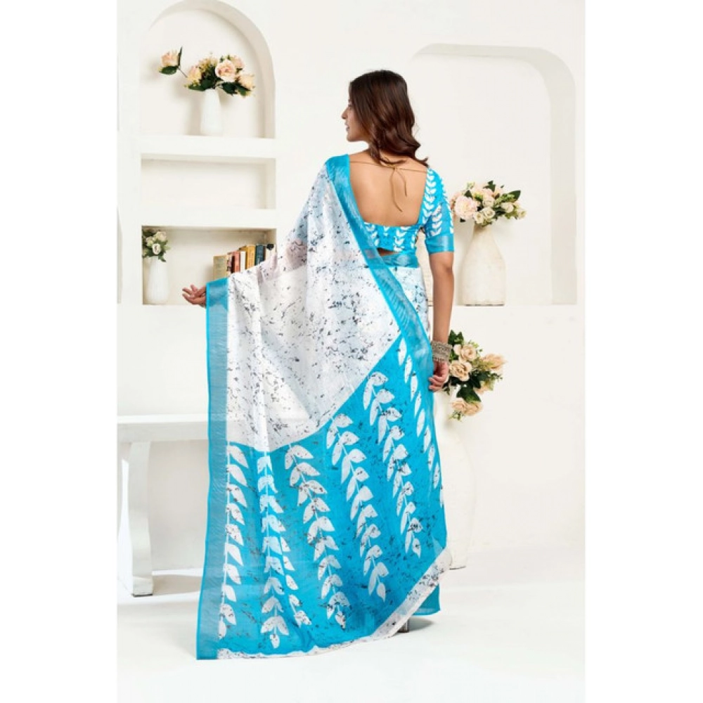 generic women's linen cotton printed ready to wear saree with unstitched blouse 5.5 mtr (sky blue) generic women's linen cotton printed ready to wear saree with unstitched blouse 5.5 mtr (sky blue)