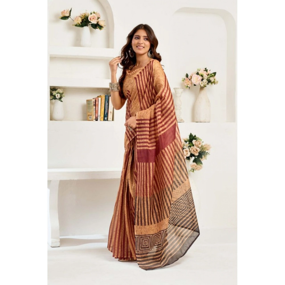 generic women's linen cotton printed ready to wear saree with unstitched blouse 5.5 mtr (brown) generic women's linen cotton printed ready to wear saree with unstitched blouse 5.5 mtr (brown)