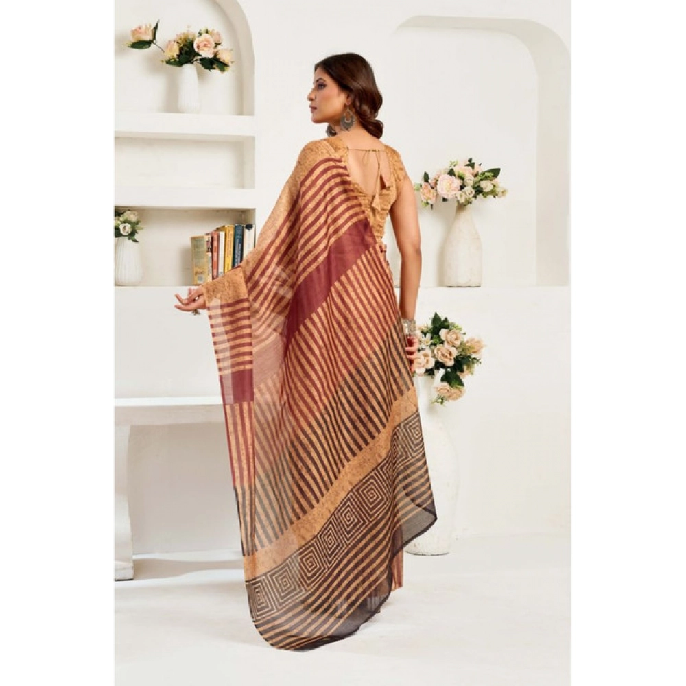 generic women's linen cotton printed ready to wear saree with unstitched blouse 5.5 mtr (brown) generic women's linen cotton printed ready to wear saree with unstitched blouse 5.5 mtr (brown)