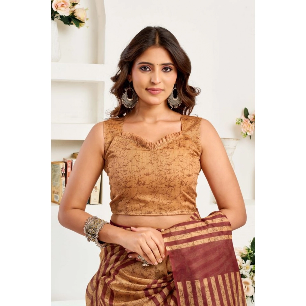 generic women's linen cotton printed ready to wear saree with unstitched blouse 5.5 mtr (brown) generic women's linen cotton printed ready to wear saree with unstitched blouse 5.5 mtr (brown)