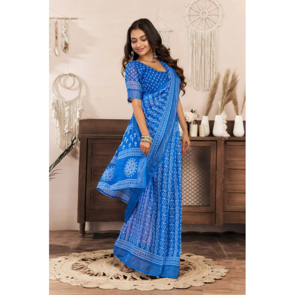 generic women's linen cotton printed ready to wear saree with unstitched blouse 5.5 mtr (blue) generic women's linen cotton printed ready to wear saree with unstitched blouse 5.5 mtr (blue)