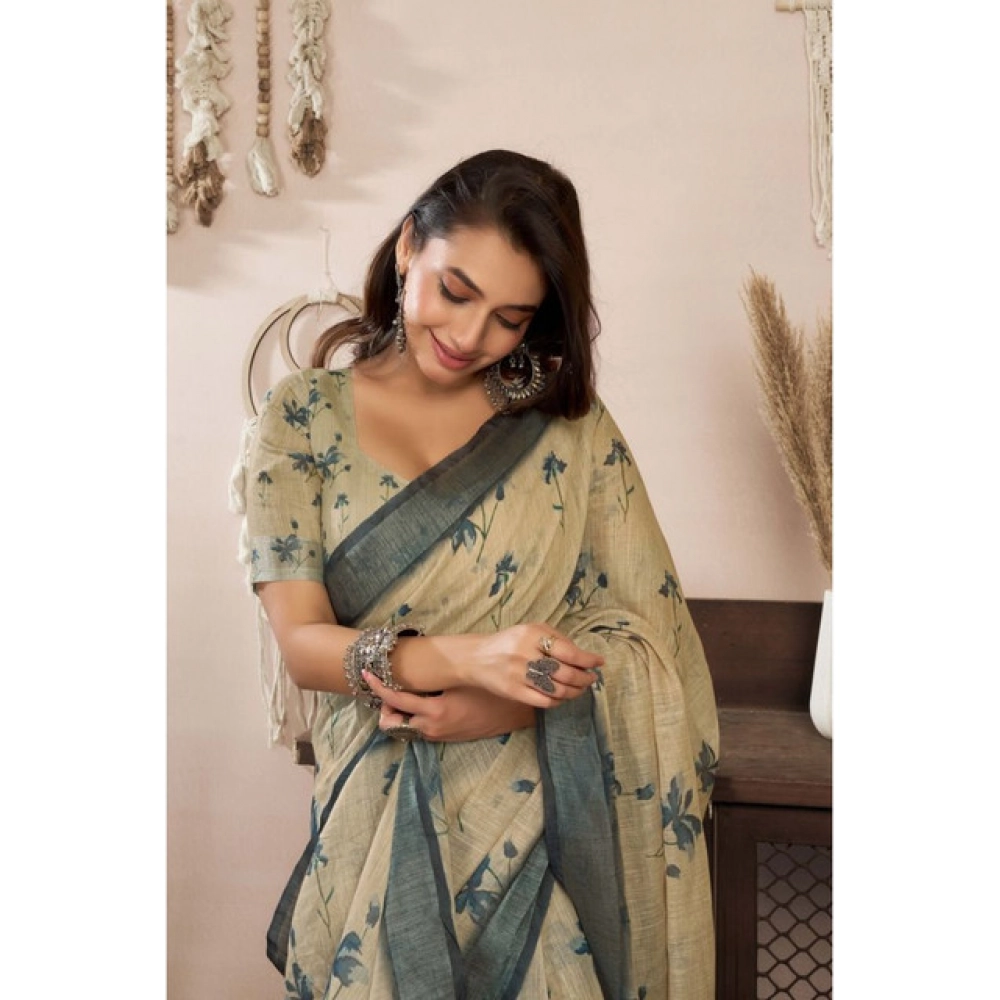 generic women's linen cotton printed ready to wear saree with unstitched blouse 5.5 mtr (light beige) generic women's linen cotton printed ready to wear saree with unstitched blouse 5.5 mtr (light beige)