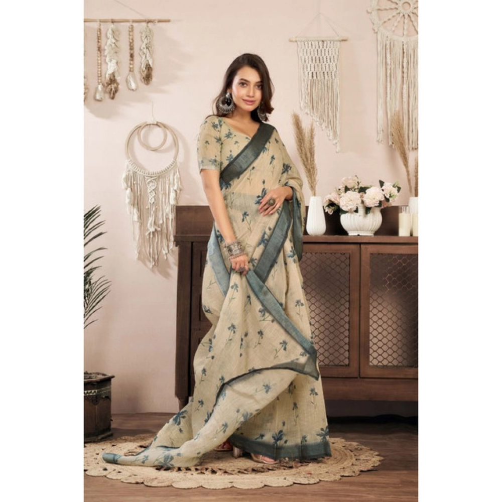 generic women's linen cotton printed ready to wear saree with unstitched blouse 5.5 mtr (light beige) generic women's linen cotton printed ready to wear saree with unstitched blouse 5.5 mtr (light beige)