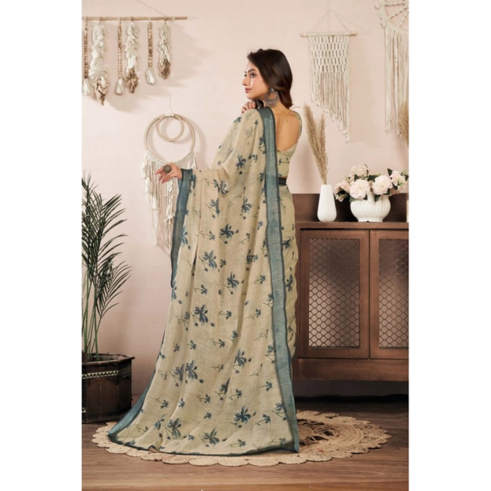 generic women's linen cotton printed ready to wear saree with unstitched blouse 5.5 mtr (light beige) generic women's linen cotton printed ready to wear saree with unstitched blouse 5.5 mtr (light beige)