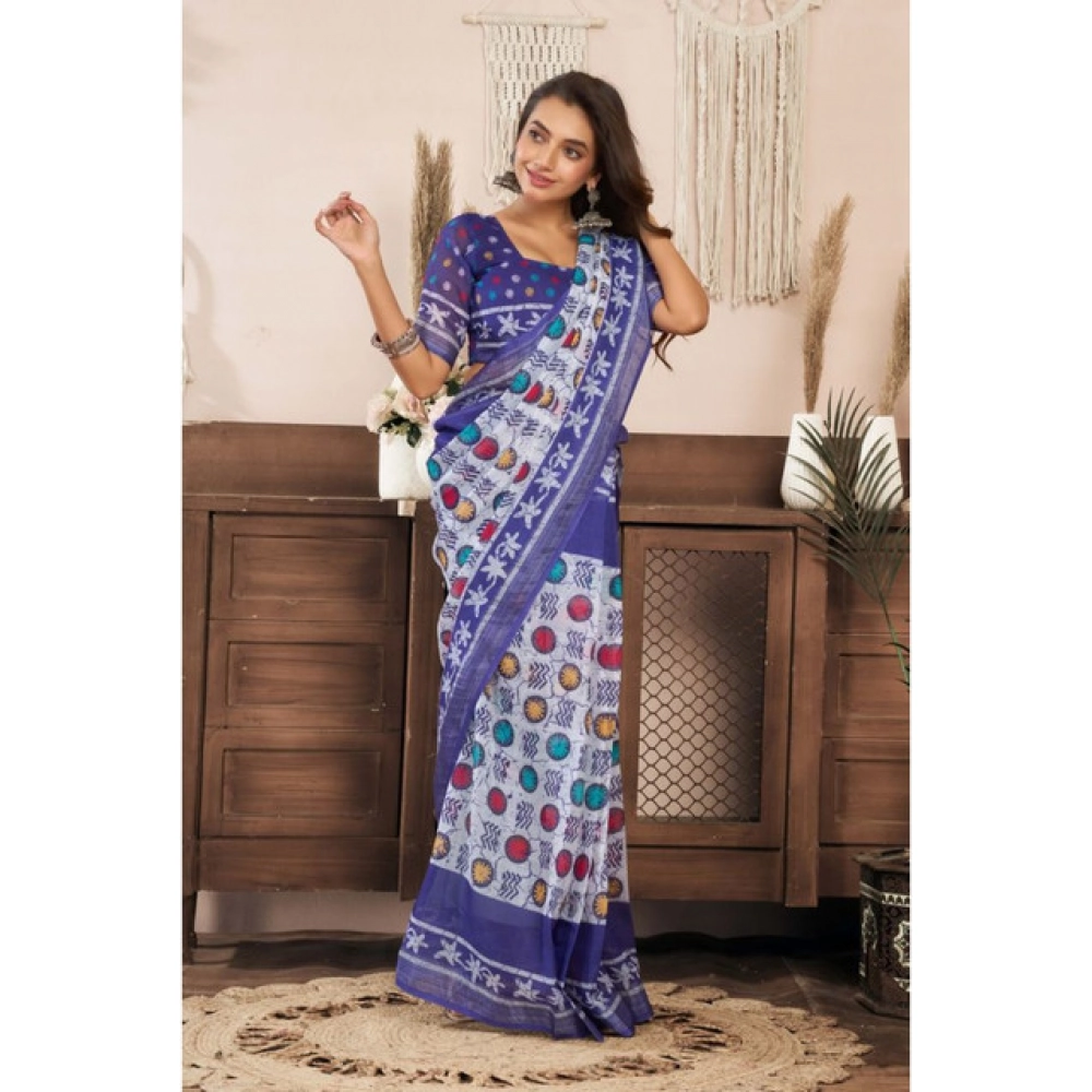 generic women's linen cotton printed ready to wear saree with unstitched blouse 5.5 mtr (blue) generic women's linen cotton printed ready to wear saree with unstitched blouse 5.5 mtr (blue)