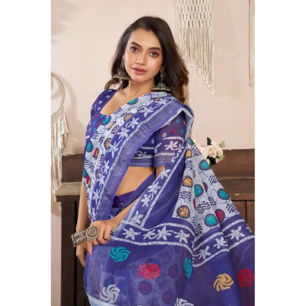 generic women's linen cotton printed ready to wear saree with unstitched blouse 5.5 mtr (blue) generic women's linen cotton printed ready to wear saree with unstitched blouse 5.5 mtr (blue)