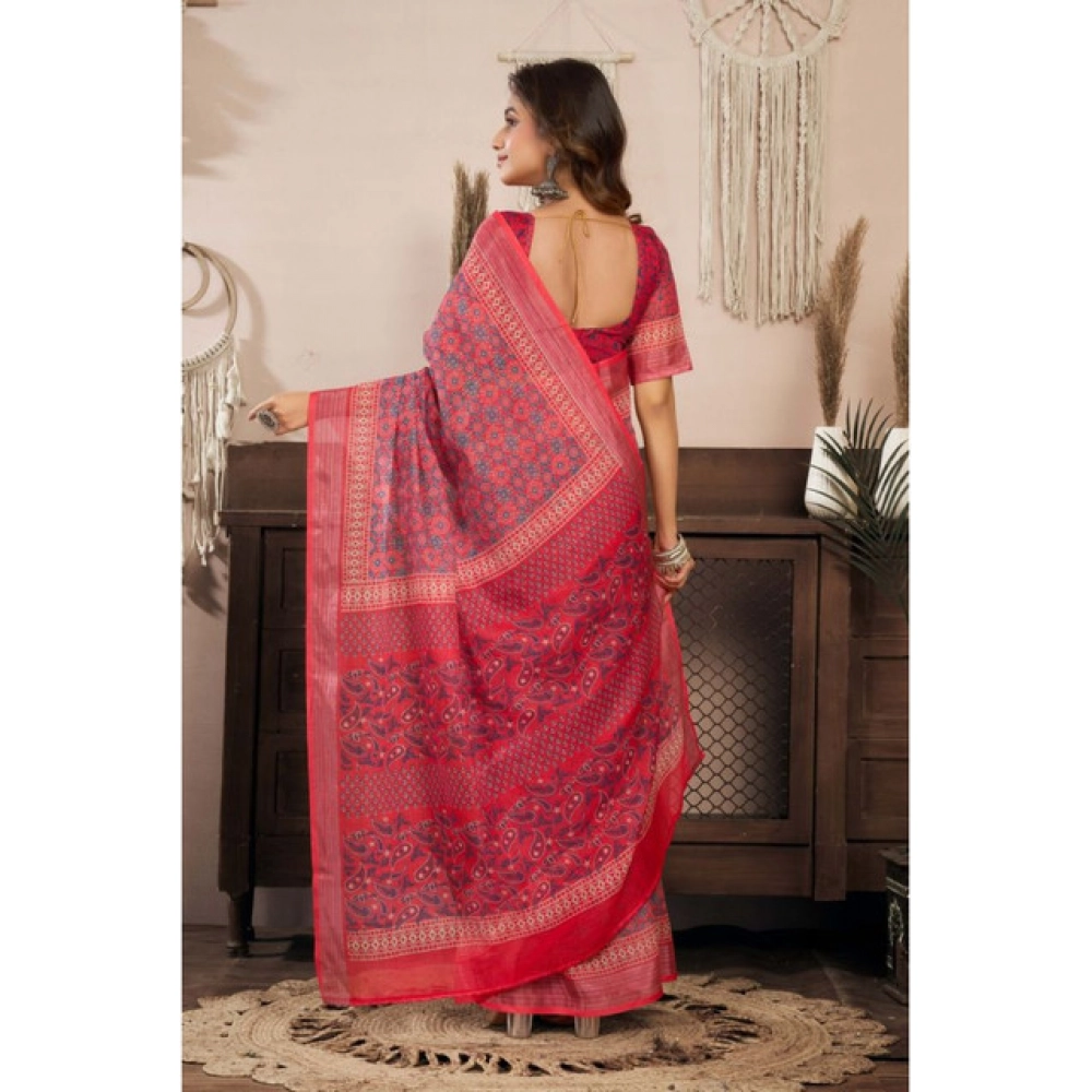 generic women's linen cotton printed ready to wear saree with unstitched blouse 5.5 mtr (red) generic women's linen cotton printed ready to wear saree with unstitched blouse 5.5 mtr (red)