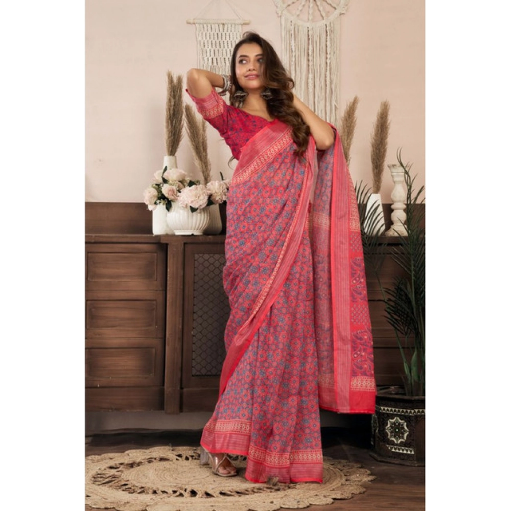 generic women's linen cotton printed ready to wear saree with unstitched blouse 5.5 mtr (red) generic women's linen cotton printed ready to wear saree with unstitched blouse 5.5 mtr (red)
