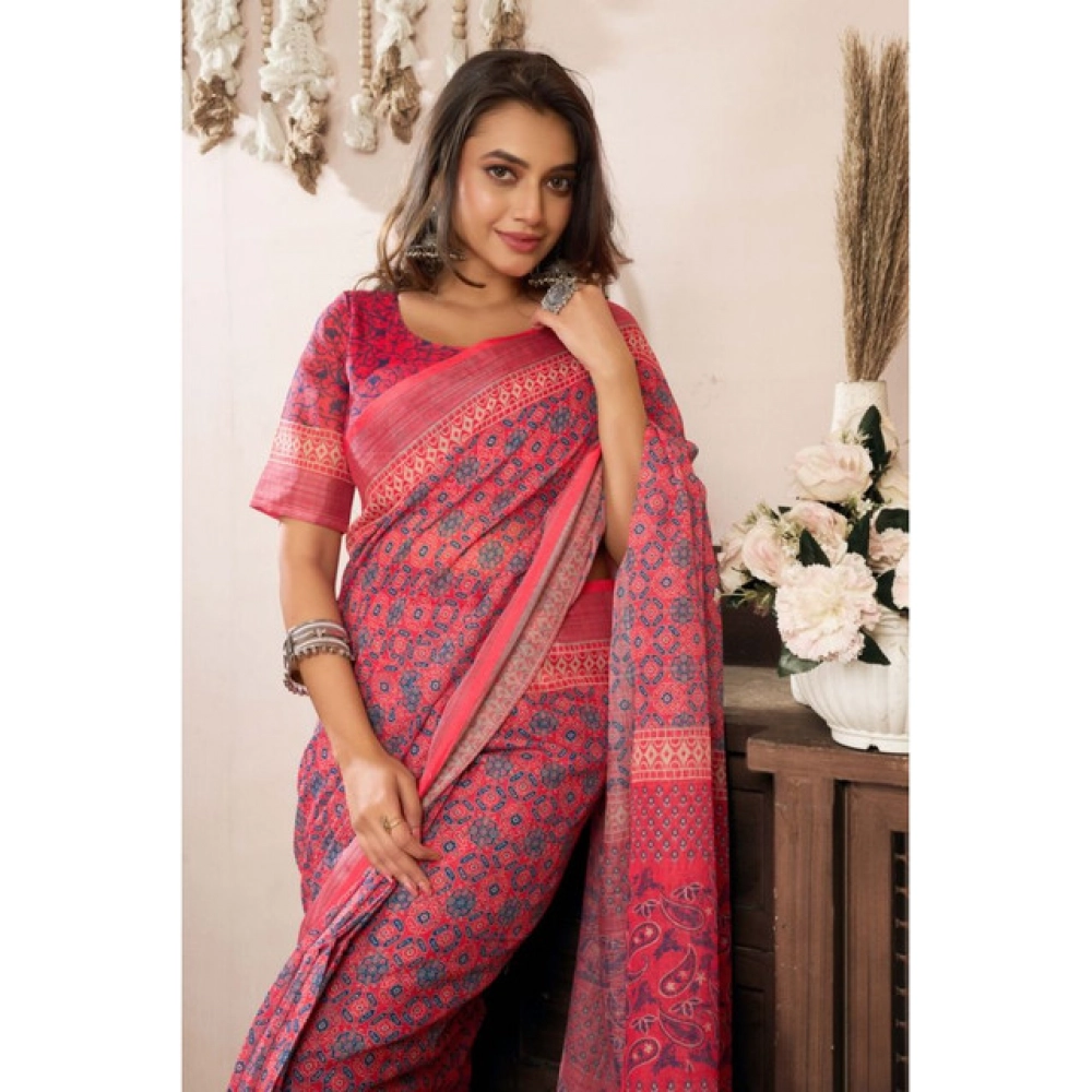 generic women's linen cotton printed ready to wear saree with unstitched blouse 5.5 mtr (red) generic women's linen cotton printed ready to wear saree with unstitched blouse 5.5 mtr (red)