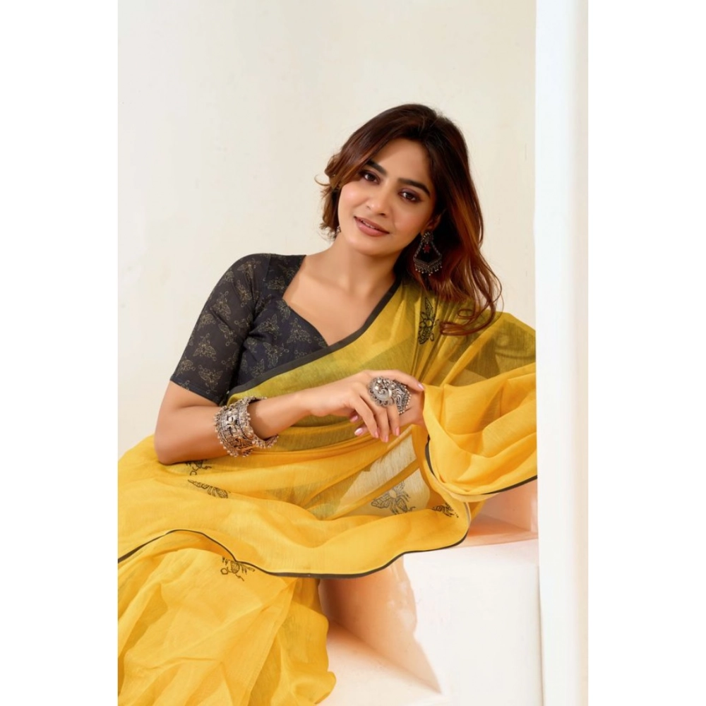 generic women's linen cotton printed ready to wear saree with unstitched blouse 5.5 mtr (yellow) generic women's linen cotton printed ready to wear saree with unstitched blouse 5.5 mtr (yellow)