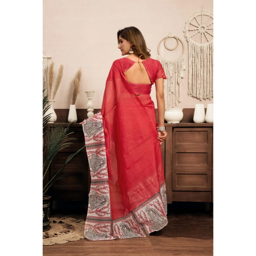 generic women's linen cotton printed ready to wear saree with unstitched blouse 5.5 mtr (red) generic women's linen cotton printed ready to wear saree with unstitched blouse 5.5 mtr (red)