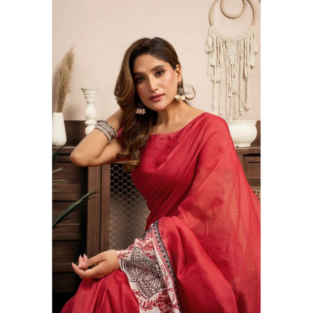 generic women's linen cotton printed ready to wear saree with unstitched blouse 5.5 mtr (red) generic women's linen cotton printed ready to wear saree with unstitched blouse 5.5 mtr (red)