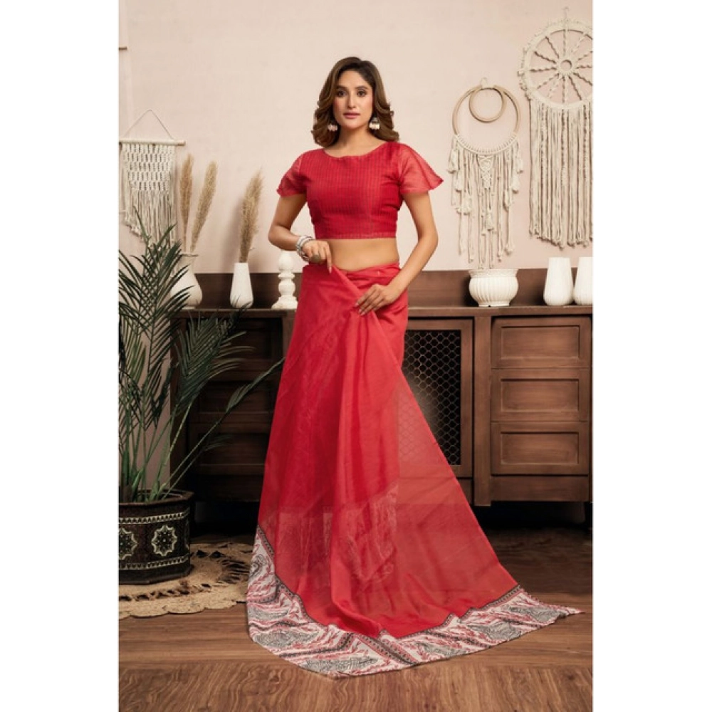 generic women's linen cotton printed ready to wear saree with unstitched blouse 5.5 mtr (red) generic women's linen cotton printed ready to wear saree with unstitched blouse 5.5 mtr (red)