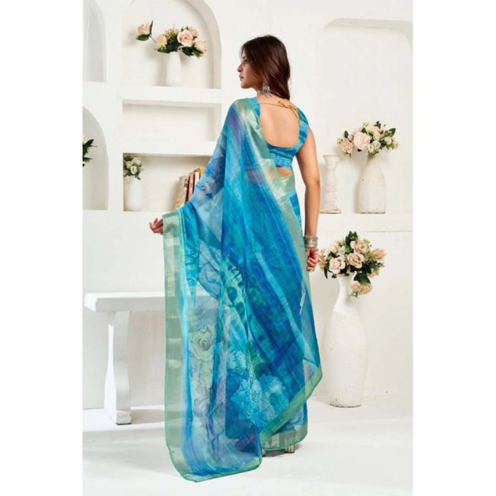 generic women's linen cotton printed ready to wear saree with unstitched blouse 5.5 mtr (blue) generic women's linen cotton printed ready to wear saree with unstitched blouse 5.5 mtr (blue)