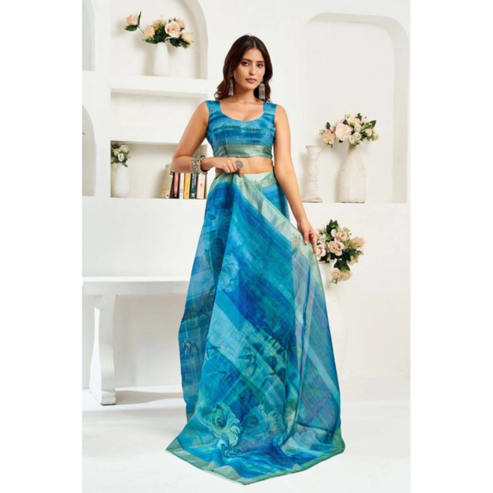 generic women's linen cotton printed ready to wear saree with unstitched blouse 5.5 mtr (blue) generic women's linen cotton printed ready to wear saree with unstitched blouse 5.5 mtr (blue)